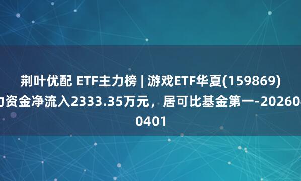 荆叶优配 ETF主力榜 | 游戏ETF华夏(159869)主力资金净流入2333.35万元,居可比基金第一-20260401